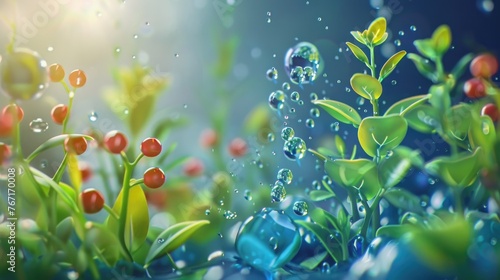 Conceptual image of photosynthesis at the molecular level, showing how water and carbon dioxide molecules are transformed into glucose and oxygen  3D illustration