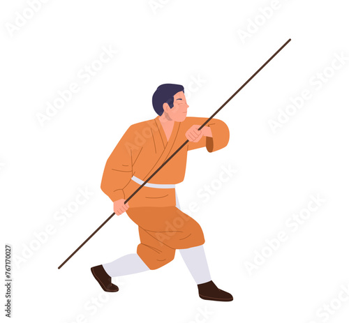 Young man shaolin monk exercising kung fu fight with wooden stick isolated on white background