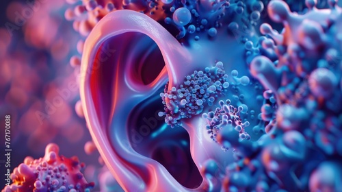 Conceptual image of the ears protective mechanisms, including the cerumen earwax production in the auditory canal  3D illustration photo