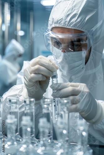 A closeup of a pharmaceutical technician in a cleanroom suit inspecting a vial emphasizing sterility in drug manufacturing photo