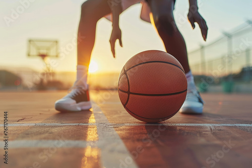 Urban Basketball Player Prepares for Game at Sunset on Outdoor Court © zakiroff