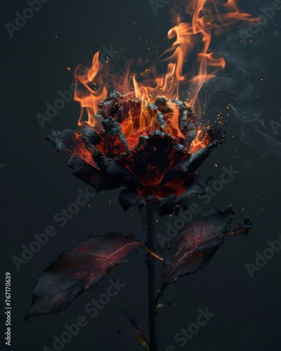 A conceptual piece depicting the transformation of a flower into ashes, with flames delicately consuming each petal, symbolizing rebirth photo