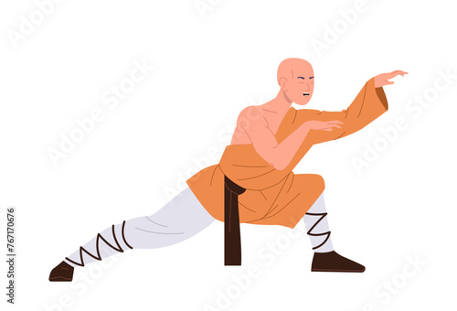 Ancient muscular Shaolin monk standing in kung fu fighting position isolated on white background