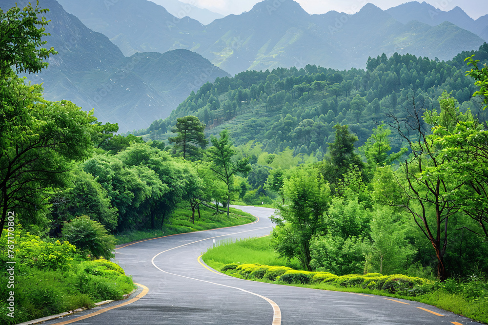 Winding road through lush green mountains on a cloudy day