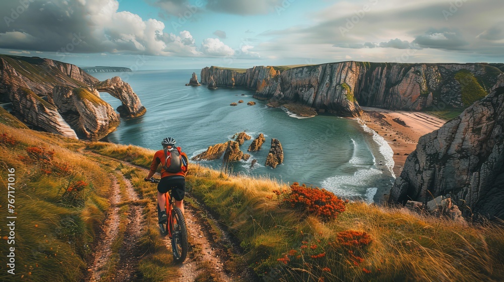 Active man mountain biking along coastal cliffs overlooking the Irish Sea in Wales, UK - obrazy, fototapety, plakaty 