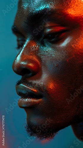 Man's face with creative lighting. Studio portrait with blue and red lights.