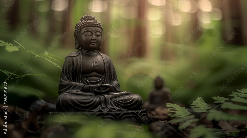 Little Buddha statue in blurred green bamboo zen jungle, friendly peaceful tropical environment, fre