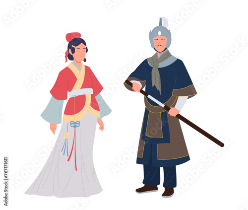 Beautiful woman geisha or empress and ancient chinese warrior military man cartoon characters