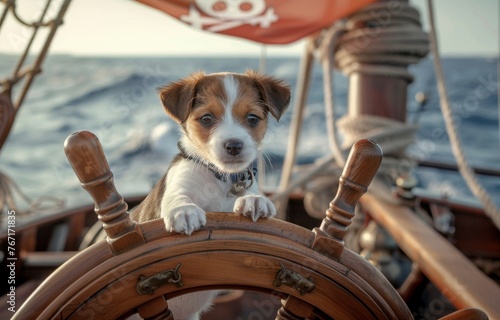 A puppy steering a ship wheel, with a pirate flag backdrop and the open sea ahead photo