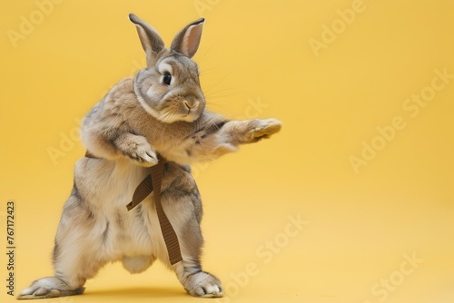 Energetic Rabbit Performing Kung Fu Pose in Studio Setting