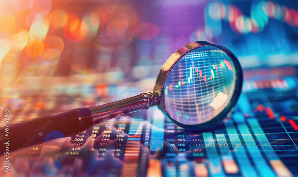 A magnifying glass over financial charts and graphs, representing stock market analysis or finance study. A magnifying glass over financial charts and graphs, representing stock market analysis or finance study.
