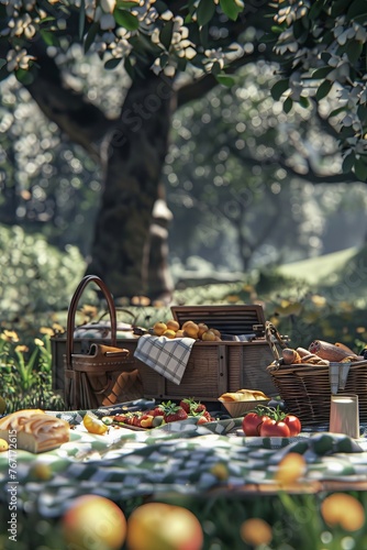 An animated 3D scene of a picnic setup in a park, with a basket, blanket, and a spread of delicious homemade food