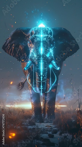 An elephant holding a neon blue laser cannon  with glowing particles around in a savannah at dusk