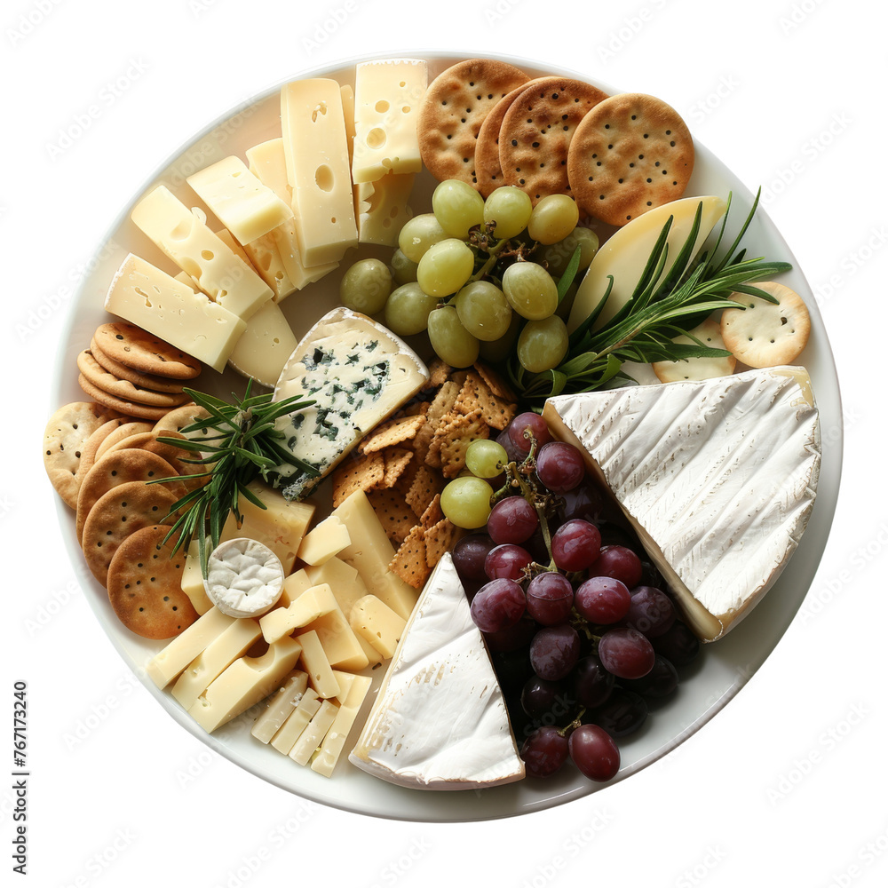Assorted cheese platter with grapes, crackers, and rosemary on a white plate.