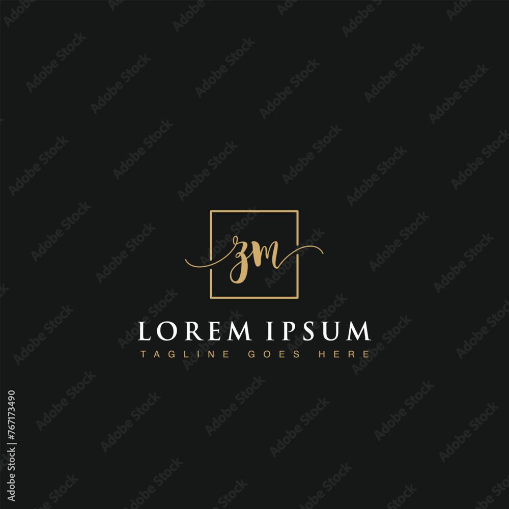 Luxurious minimalist elegant handwritten Initials letters ZM linked inside square line box vector logo designs inspirations in gold colors for brand, hotel, boutique, jewelry, restaurant or company Luxurious minimalist elegant handwritten Initials letters ZM linked inside square line box vector logo designs inspirations in gold colors for brand, hotel, boutique, jewelry, restaurant or company