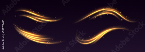 Golden light trails, light in motion, glowing speed lines with sparkles. Bright gold decoration, luminescent swirls isolated on black background. Vector illustration.