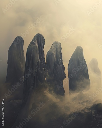 Cloaked harbingers of the end times stand in the haunting haze, a macabre tableau