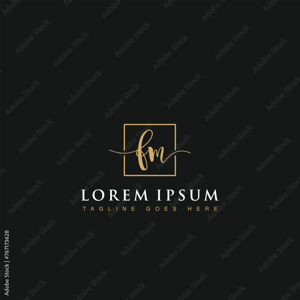Luxurious minimalist elegant handwritten Initials letters FM linked inside square line box vector logo designs inspirations in gold colors for brand, hotel, boutique, jewelry, restaurant or company Luxurious minimalist elegant handwritten Initials letters FM linked inside square line box vector logo designs inspirations in gold colors for brand, hotel, boutique, jewelry, restaurant or company