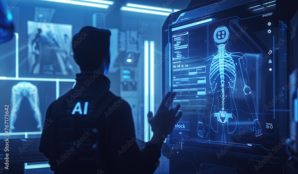 A man is talking to an AI robot with a hologram display on its back A man is talking to an AI robot with a hologram display on its back