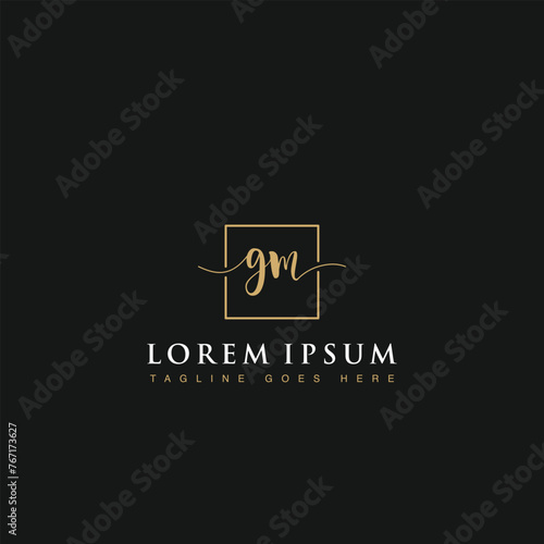 Luxurious minimalist elegant handwritten Initials letters GM linked inside square line box vector logo designs inspirations in gold colors for brand, hotel, boutique, jewelry, restaurant or company 