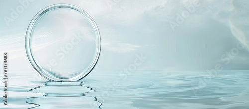 Minimalist background with a circular glass frame floating on the surface of smooth  flowing water in shades of blue and white. The composition is simple yet elegant  featuring soft lighting to highli