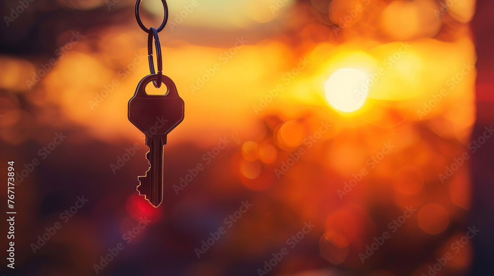 Dawns golden hour with keys dangled, inviting to a new start in a dream home Dawns golden hour with keys dangled, inviting to a new start in a dream home