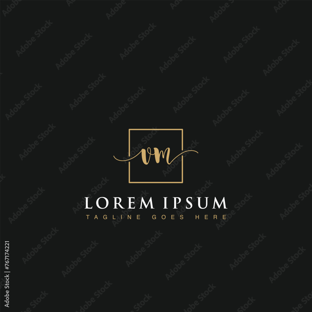Luxurious minimalist elegant handwritten Initials letters VM linked inside square line box vector logo designs inspirations in gold colors for brand, hotel, boutique, jewelry, restaurant or company Luxurious minimalist elegant handwritten Initials letters VM linked inside square line box vector logo designs inspirations in gold colors for brand, hotel, boutique, jewelry, restaurant or company