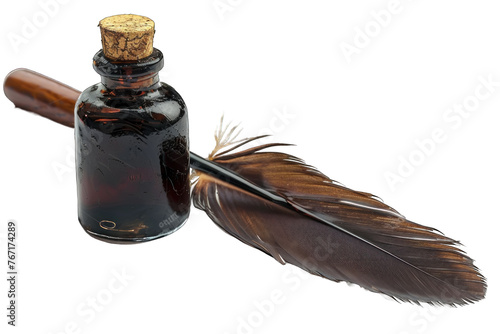 A quill next to an inkwell, paying homage to classical tools of legal writing ,isolated on white background or transparent background. png cutout clipart