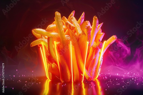 French fries emitting a neon glow, with a perfect golden crisp, salted just right photo