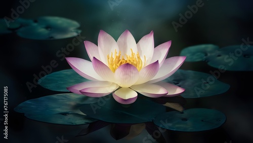 Graceful lotus flower floats over a dark mystical background