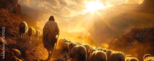 Jesus walking alongside a flock of sheep with the sun shining overhead