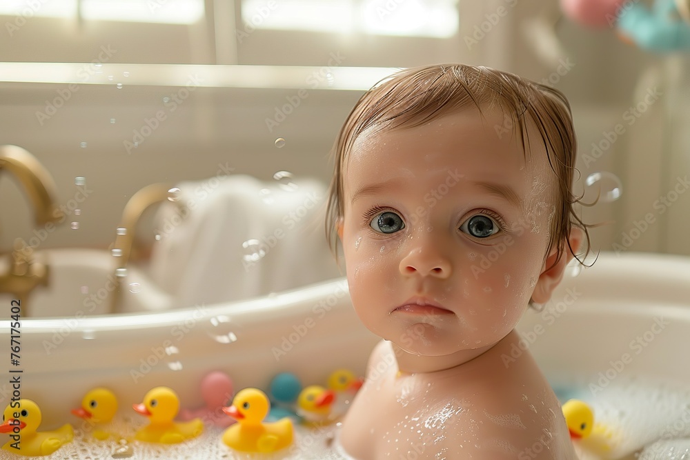 stock photography of A cute baby sitting in a bathtub with gentle eyes and soft skin stock photography of A cute baby sitting in a bathtub with gentle eyes and soft skin