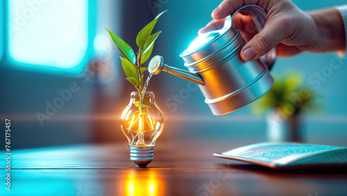 Businessman cultivating growth. Watering a green plant growing out of a light bulb symbolizing innovation, environmental consciousness, and sustainable development