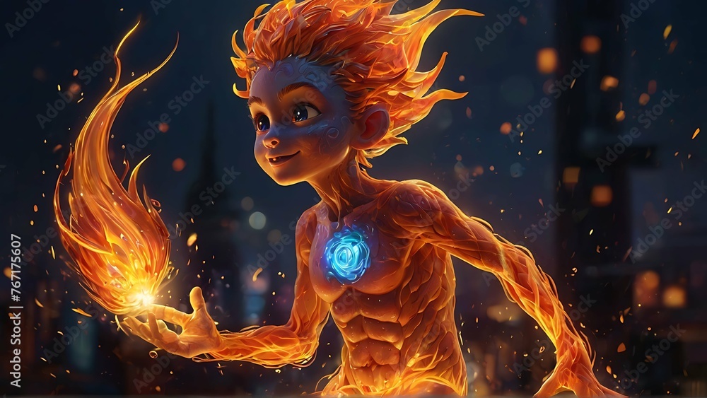 In a bustling cityscape, a mischievously flamboyant Fire Sprite dances with abandon, clad in shimmering embers that flicker like tiny flames. This imaginative character concept would be best suited fo - obrazy, fototapety, plakaty 