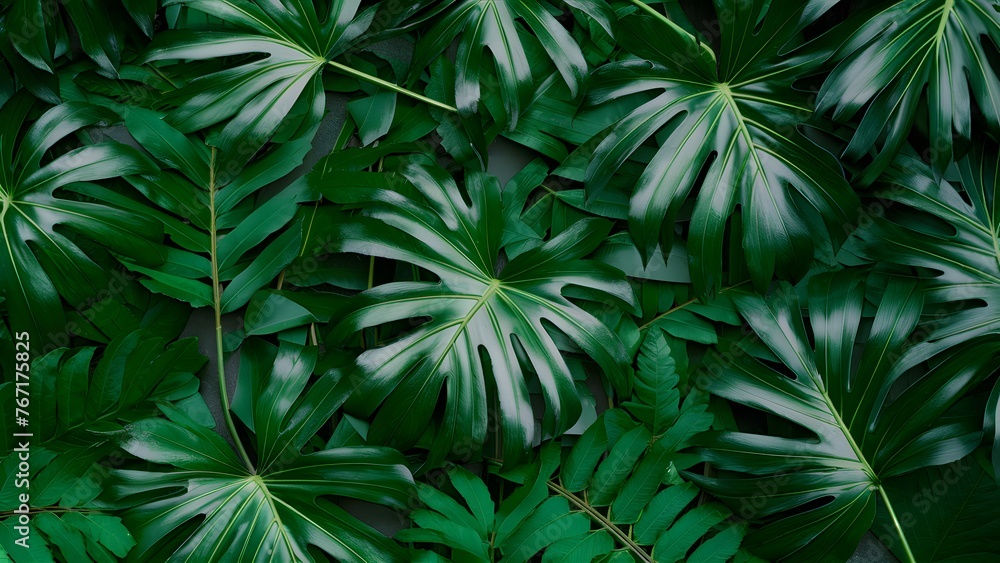 Green tropical leaves backdrop featuring monstera, palm, fern