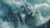 A crystalline castle perched atop a misty mountain peak, surrounded by cascading waterfalls and guarded by mythical griffins with shimmering plumage