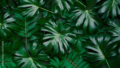 Green tropical leaves backdrop featuring monstera  palm  fern