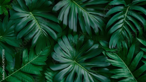 Green tropical leaves backdrop featuring monstera, palm, fern