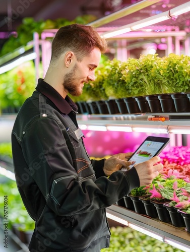 A young man farmer carefully examines plants growing on a vertical rack  hydroponic farm. An agricultural technician works on a tablet. Analyzes the growth and condition of seedlings. photo