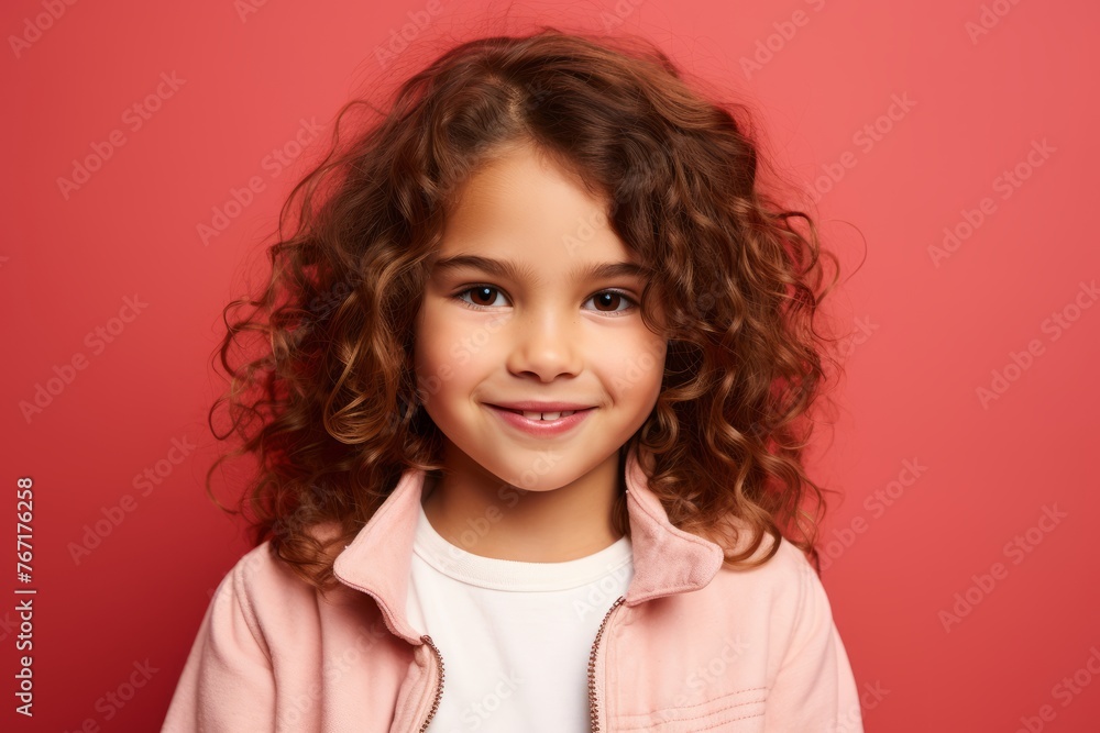 Portrait of a smiling little girl with curly hair on a red background. Portrait of a smiling little girl with curly hair on a red background.