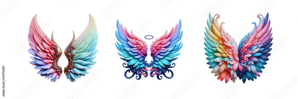 Set of pastel colorful angel devil wing illustration, isolated over on transparent white background