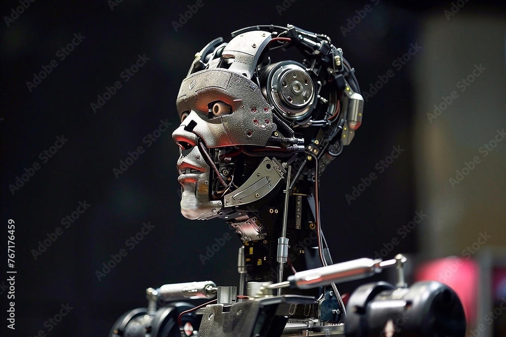 Fototapeta premium A model of a robot with a steel skeleton standing in a factory