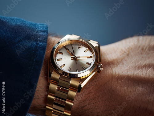 Studio shot of a golden watch on a navy wrist, illustrating the luxury and fleeting nature of time in contrast