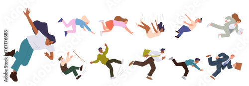 People cartoon characters of different ages falling down hurrying up or trapped in bad situation