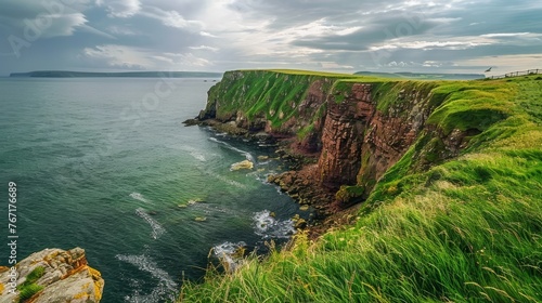 The cliffs along the coast of St Bees in England are covered in grass.