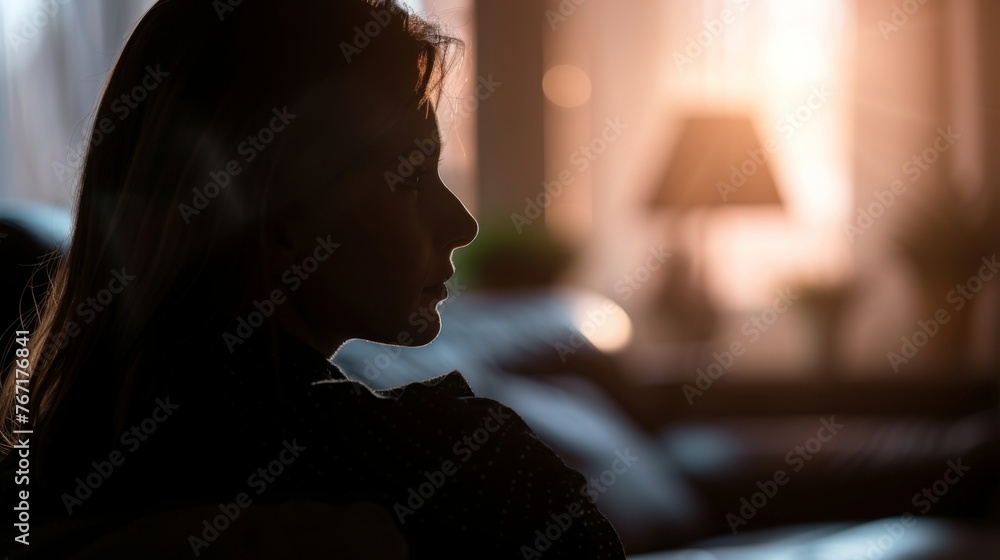 Depressed woman sit alone in living room thinking about relationships personal problems, upset thoug - obrazy, fototapety, plakaty 