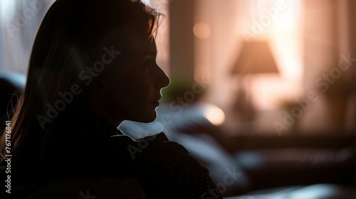Depressed woman sit alone in living room thinking about relationships personal problems, upset thoug photo