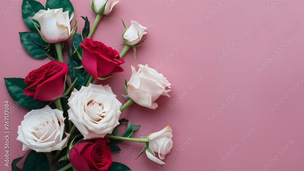 Hand made toning background with red and white roses wedding decoration