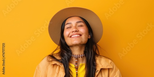 Joyful Native American Woman on Yellow