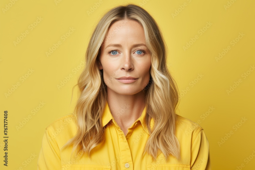 Portrait of a beautiful blonde woman in yellow shirt on yellow background Portrait of a beautiful blonde woman in yellow shirt on yellow background